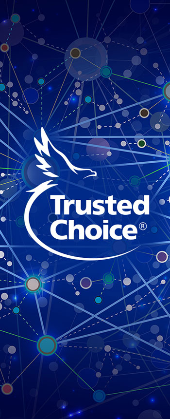 White Trusted Choice logo over blue network cloud of connections resembling stars in outer space.